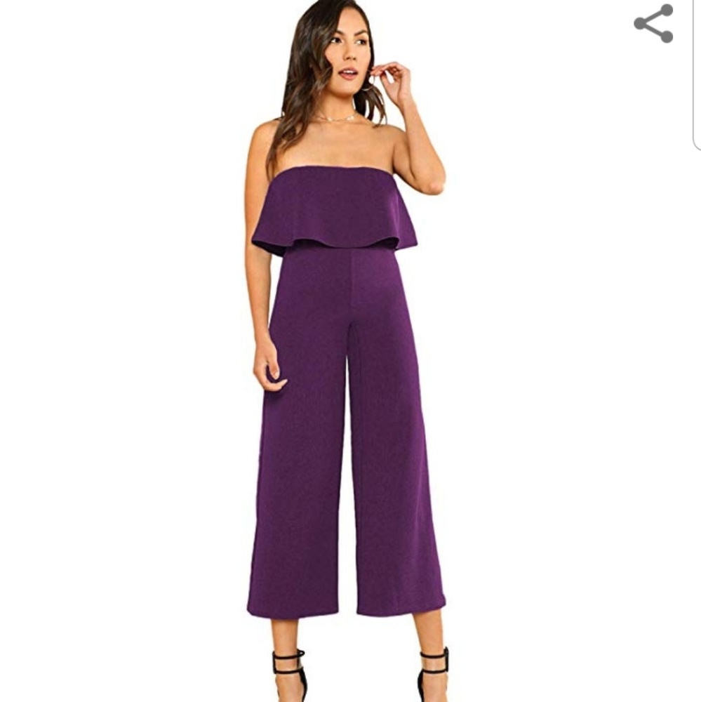 SheIn Purple Strapless Widelegged Flounce Jumpsuit